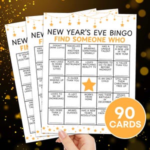 Jeu imprimable de 90 cartes de bingo Mingle pour le Nouvel An, Saint-Sylvestre Trouvez quelqu'un qui joue au bingo, brise-glace pour la fête du Nouvel An Trouvez le tableau de bingo invité