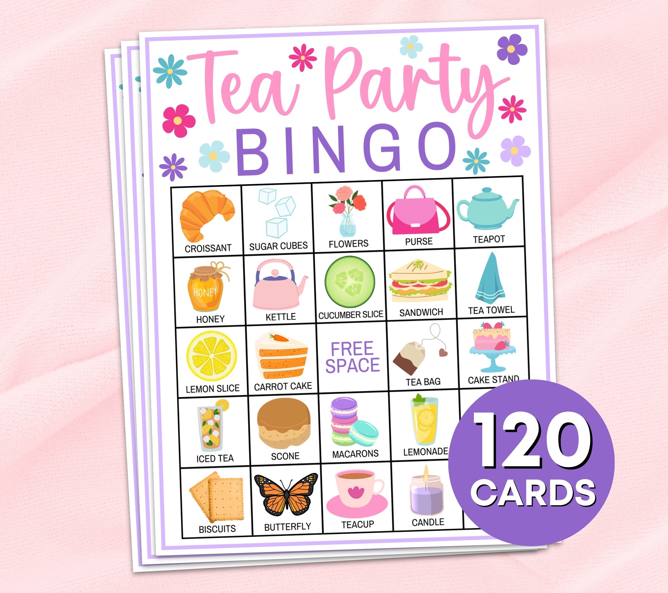 120 Tea Party Bingo Cards Printable Game, Tea Party Bridal Shower Bingo ...
