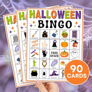 Juego imprimible de 90 cartas de bingo de Halloween, Actividad de tableros de bingo de otoño de Halloween para niños, Actividad de bingo de Halloween en el aula Juego para niños imprimible
