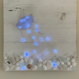 Lighted Sea Glass Jellyfish and Sea Shells 10x10 White Washed - Etsy