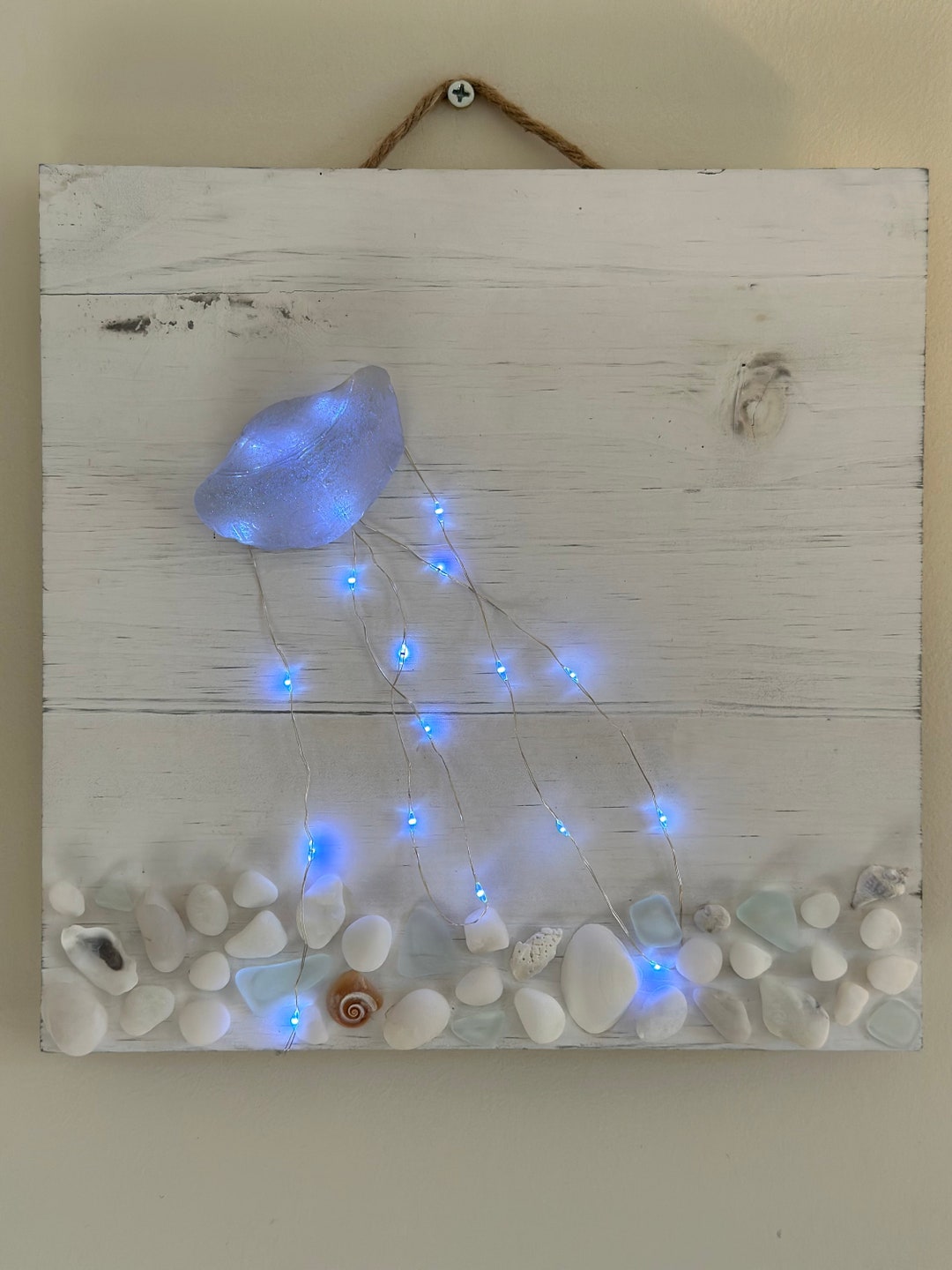 Lighted Sea Glass Jellyfish and Sea Shells 10x10 White Washed Etsy