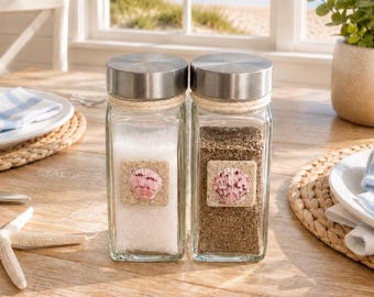 Coastal Salt and Pepper Shakers | Beach House Kitchen Decor | Handmade Seashell & Sea Glass Shaker Set