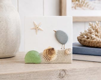 Sea Shell Shore Bird- Sea Glass Beach Art- Coastal Gift