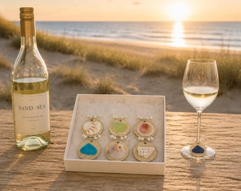 Sea Glass & Shell Wine Glass Charms Set of 6, Beach Wine Charms, Coastal Wine Glass Markers, Hostess Gift, Beach House Gift, Wine Lover Gift