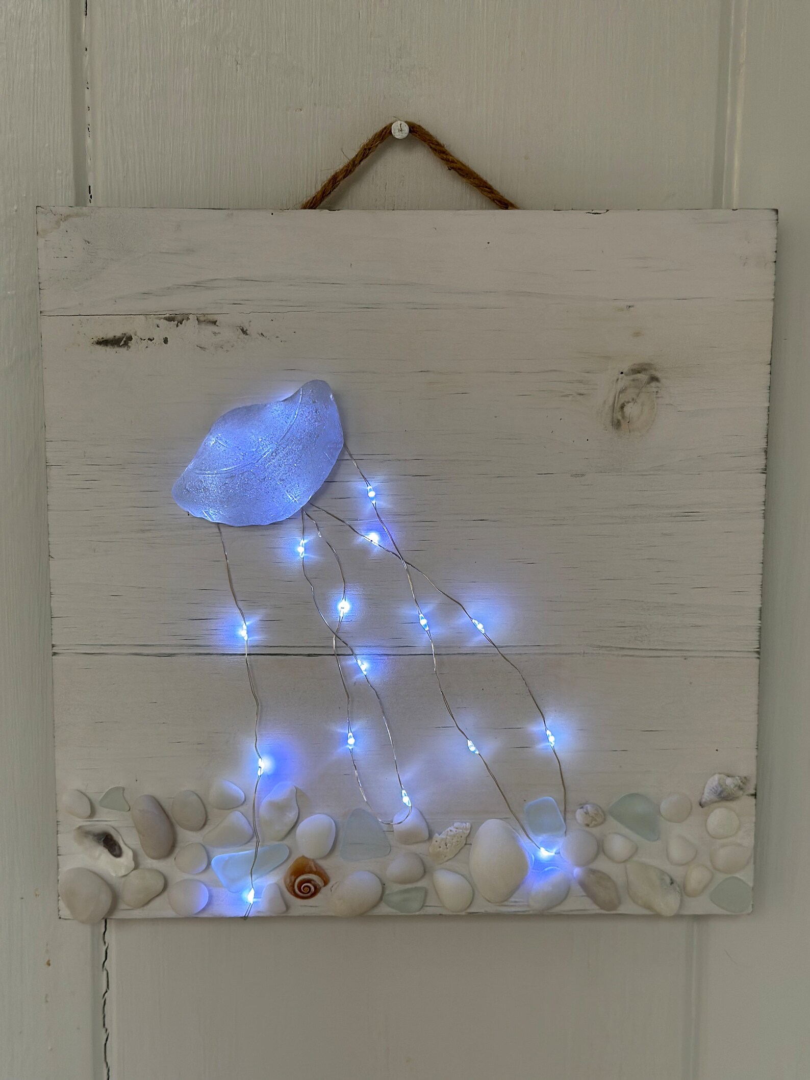 Lighted Sea Glass Jellyfish and Sea Shells 10x10 White Washed - Etsy