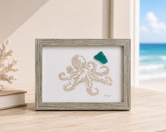 Octopus Beach Sand Art, Coastal Sea Glass Wall Art, 5x7 Framed Ocean Decor, Beach House Decor, Custom Coastal Gift