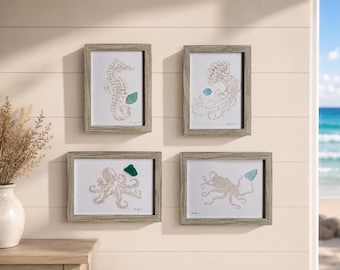 Custom Beach Sand Art Wall Decor, Coastal Sea Life Art with Sea Glass, 5x7 Framed Ocean Art, Beach House Decor