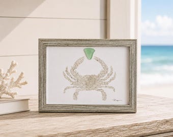 Crab Sea Glass Beach Sand Art, Coastal Wall Decor, 5x7 Framed Ocean Art, Beach House Gift