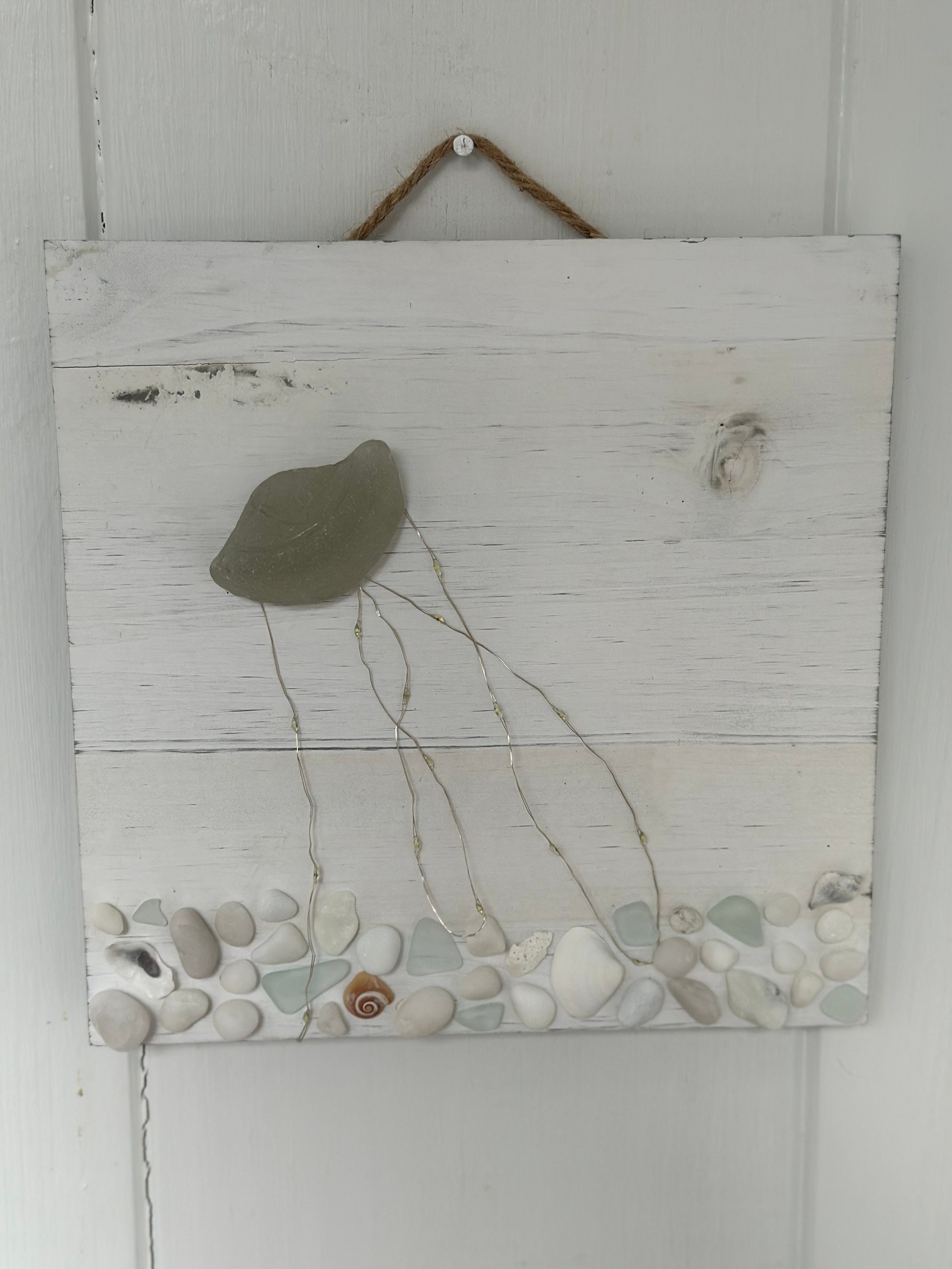 Lighted Sea Glass Jellyfish and Sea Shells 10x10 White Washed - Etsy