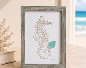 Seahorse Beach Sand Art, Coastal Sea Glass Wall Art, 5x7 Framed Ocean Decor, Beach House Decor, Custom Coastal Gift