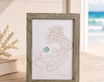 Jellyfish Beach Sand Art, Coastal Sea Glass Wall Art, 5x7 Framed Ocean Decor, Beach House Decor, Custom Coastal Gift