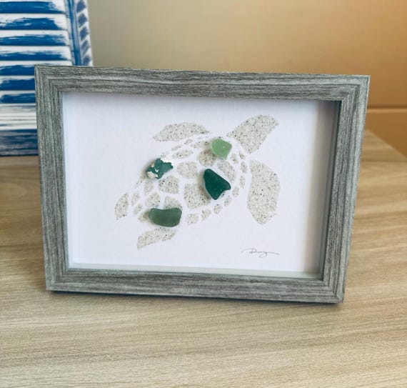 Beach Sand Art Wall Decor, Coastal Sea Life Art with Sea Glass, 5x7 Framed Ocean Art, Beach House Decor, Custom Beach Art