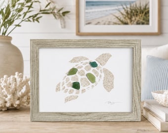 Sea Turtle Beach Sand Art, Coastal Sea Glass Wall Art, 5x7 Framed Ocean Decor, Beach House Decor, Handmade Sea Glass Gift