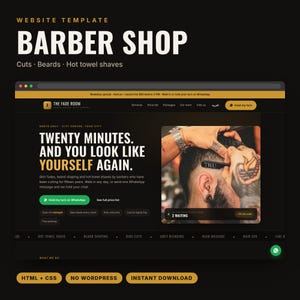 Könnte beinhalten: Eine Website-Vorlage für einen Friseursalon mit dunklem Farbschema und goldenen Akzenten. Das Layout enthält Navigationsmenüs, einen Hauptbereich mit dem Text TWENTY MINUTES, AND YOU LOOK LIKE YOURSELF AGAIN sowie ein Service-Bild.