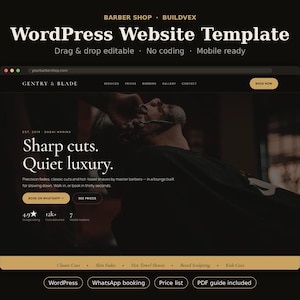 Barber Shop WordPress Template, Drag & Drop Editable, WhatsApp Booking (Digital Download)