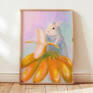 Cute fluffy white bunny goes banana for bananas - Unique & Adorable Vertical Giclée Wall Art Print Décor for Rabbit lovers kitchen, bar cart