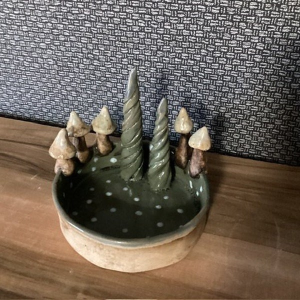 Tealight holder, jewelry bowl, decorative bowl, with mushrooms and trees