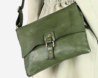 Bolso de cuero mensajero verde: bolso de cuero italiano de lujo, bolso de cuero de primera calidad, bolso de cuero hecho a mano, bolso de cuero, bolsos bandolera