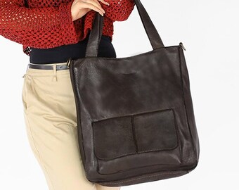Dames A4 shopper tas natuurlijk leer - donkerbruin, premium lederen tas, handgemaakte leren tas, leren tas, handwerk