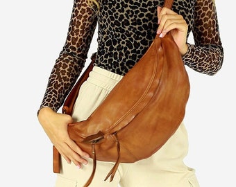 Bruin dames handgemaakt leren heuptasje, heuptas, heuptas, heuptasje, handsfree tas, stedelijke stijl, mode. crossbody tas, tas, tas