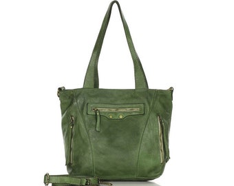 Vintage shoulder bag with three pockets natural leather - green, premium leather purse, handmade leather bag, leather tote.