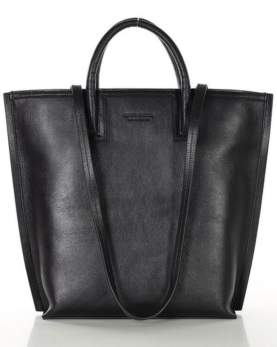 Premium Black Leather Shopper Bag Large Tote for Everyday Use Big Shoulder Bag Handmade Shopping Handbag