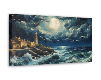 Envoltórios de galeria em tela, paisagem marítima enluarada, arte em vilas costeiras, impasto oceânico, pintura noturna do céu, arte náutica, arte da natureza e da emoção