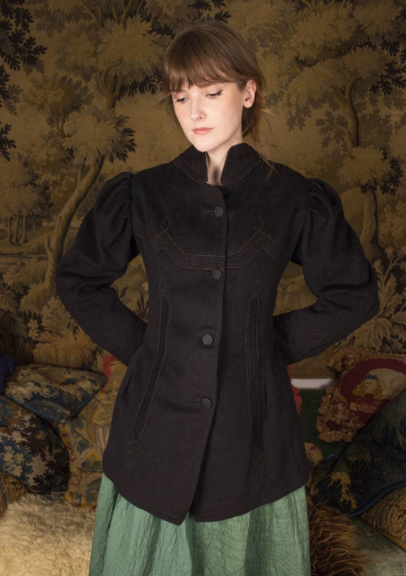 Antique Victorian 1890's Puff Sleeve Black Felt W… - image 1