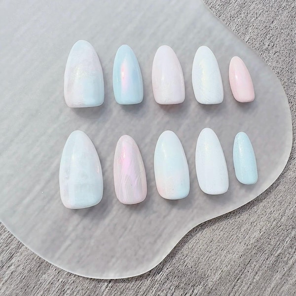 Fairy Dust Pastel Press On Nails | Glazed Baby Pink Sky Blue | Iridescent Pastel Gel Nails |Summer Spring Nail | Gift for Her| Reusable Nail