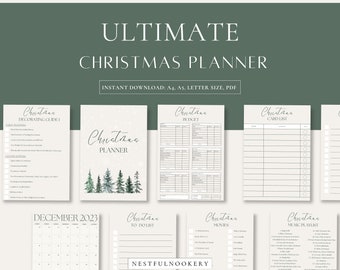 May include: A printable Christmas planner with a watercolor forest design. The planner includes sections for decorating, budgeting, card lists, to-do lists, movies, music playlists, and a December 2023 calendar.