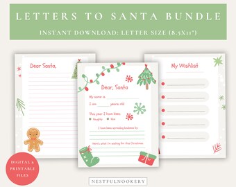May include: Printable letter to Santa templates for kids. The set includes a blank letter, a fill-in-the-blank letter, and a wishlist. The letters feature a festive Christmas tree and gingerbread man.
