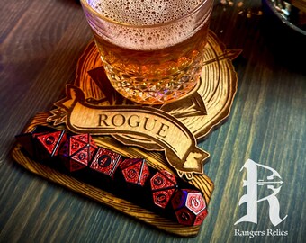 Wooden Rogue DND Coaster and Dice Holder Set - ** Rogue ** - OTHER CHARACTERS available in our shop listings! Dice not included