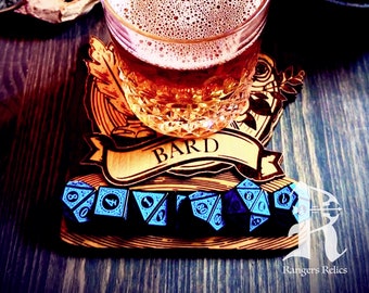 Wooden Bard DND Coaster and Dice Holder Set - ** Bard ** - OTHER CHARACTERS available in our shop listings! Dice not included