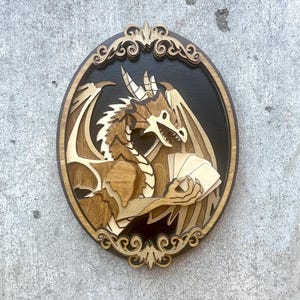 Handcrafted Layered Woodcut Artwork - Dragon Playing Cards| Filbin&#39;s Best Draw | Unique 3D Wall Art | Fantasy Home Decor | Board Game Decor