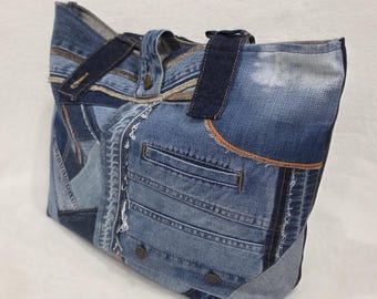 Upcycled denim tote bag, handmade patchwork, ecofriendly