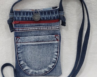 Cell Phone Crossbody Denim Bag, Handmade Jean Bag, Ecofriendly, Repurposed Cotton Blue Jeans. Gift for Women.