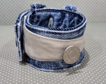 Upcycled Blue Denim Bracelet, Handmade, Cuff, Ecofriendly, Repurposed Cotton Blue Jeans