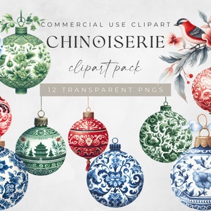 Clipart de Noël de chinoiseries, motifs chinois, cartes de vœux imprimables, ornements bleus, clipart aquarelle rouge et vert, décorations à suspendre