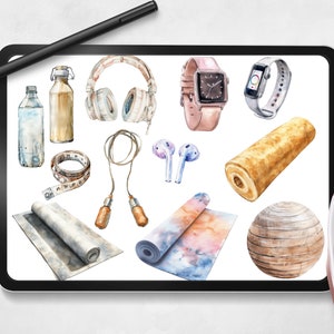 May include: A digital tablet screen displaying a watercolor illustration of various fitness and wellness items, including a yoga mat, a jump rope, a water bottle, a measuring tape, a pair of headphones, a fitness tracker, a wooden exercise ball, and a roll of cake.