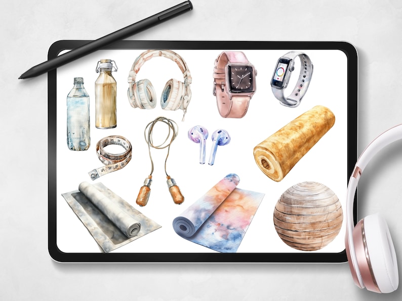May include: A digital tablet screen displaying a watercolor illustration of various fitness and wellness items, including a yoga mat, a jump rope, a water bottle, a measuring tape, a pair of headphones, a fitness tracker, a wooden exercise ball, and a roll of cake.