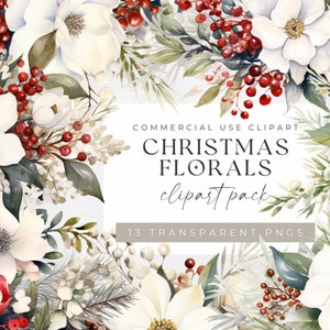 Clipart floral de Natal, download instantâneo para uso comercial, buquês de Natal aconchegantes PNGs transparentes digitais, clipart de inverno em aquarela
