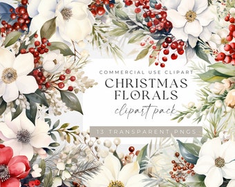 Imágenes prediseñadas florales de Navidad, descarga instantánea para uso comercial, acogedores ramos de Navidad PNG transparentes digitales, imágenes prediseñadas de invierno de acuarela