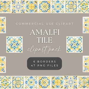 Amalfi Tile Clipart, Watercolor Mediterranean Tiles & Border PNG Files, Instant Download, Art for Weddings, Summer Party Illustrations