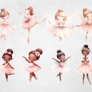 May include: Eight illustrations of ballerinas in various poses. The ballerinas are wearing pink tutus and have flowers in their hair. Some of the ballerinas have wings.