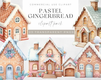 Pastel Gingerbread Clipart, Navidad Clip Art, Pink Holiday Gingerbread House Adorable Cookie Pngs, Descarga digital para uso comercial