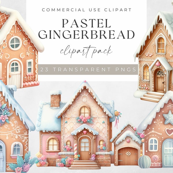 Pastel Gingerbread Clipart, Christmas Clip Art, Pink Holiday Gingerbread House Adorable Cookie Pngs, Digital Download for Commercial Use