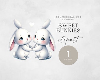 Bunny Couple Clipart, SINGLE IMAGE, Valentine Animal Couple Clip Art, Commercial Use, Transparent PNG, Bunnies & Heart, Watercolor Rabbits
