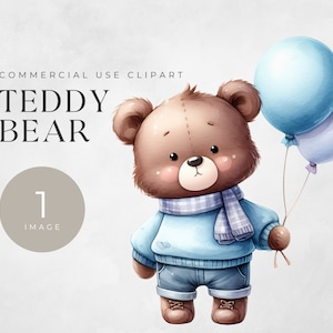 Teddy Bear Watercolor Clipart, SINGLE IMAGE, For Commercial Use, Transparent PNGs, Balloons Baby Shower, Digital Download, Nursery Wall Art