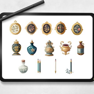 以下が含まれることがあります： デジタルタブレットの画面に、ヴィンテージスタイルのイラストのコレクションが表示されています。イラストには、装飾的なフレーム、装飾的なボトル、花柄の小さな花瓶が含まれています。イラストは、ゴールド、ブルー、ブラウンの色合いで描かれています。