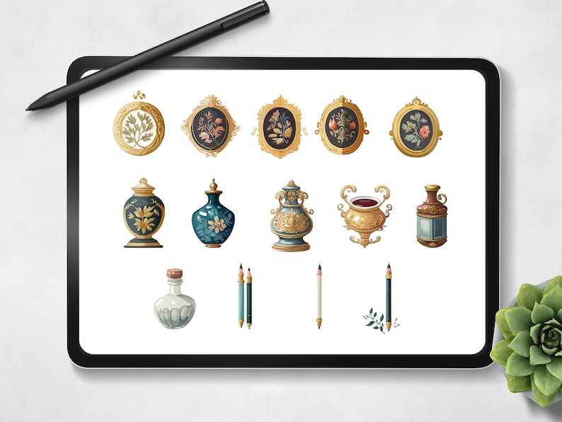 以下が含まれることがあります： デジタルタブレットの画面に、ヴィンテージスタイルのイラストのコレクションが表示されています。イラストには、装飾的なフレーム、装飾的なボトル、花柄の小さな花瓶が含まれています。イラストは、ゴールド、ブルー、ブラウンの色合いで描かれています。